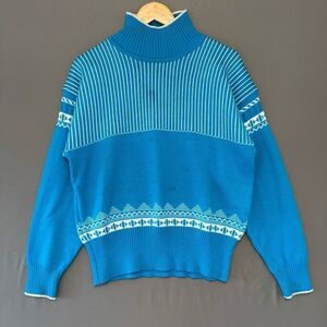 Kazlin Ski Blue Knit Sweater Size Large Wool Blend Colorful Style Winter